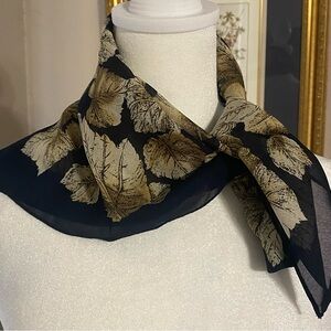 VTG Sheer Chiffon Fall Leaf Scarf Black Navy Tan Maple Botanical 20" Square